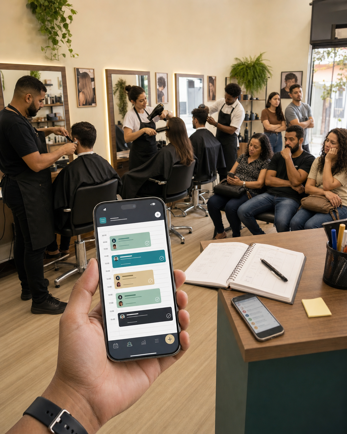 Salão cheio com clientes esperando e agenda digital no celular.
